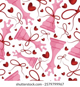 valentines day seamless pattern with chess pieces namely pink queen with red bow and red hearts, for patterns, textile or packaging