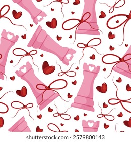 valentines day seamless pattern with chess pieces namely pink tour with red bow and red hearts, for patterns, textile or packaging