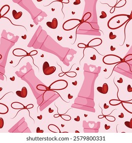 valentines day seamless pattern with chess pieces namely pink tour with red bow and red hearts on a pink background, for patterns, textile or packaging