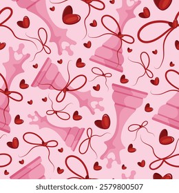 valentines day seamless pattern with chess pieces namely pink queen with red bow and red hearts on a pink background, for patterns, textile or packaging