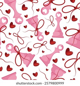 valentines day seamless pattern with chess pieces namely pink pawn with red bow and red hearts, for patterns, textile or packaging