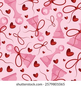 valentines day seamless pattern with chess pieces namely pink pawn with red bow and red hearts on a pink background, for patterns, textile or packaging