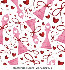 valentines day seamless pattern with chess pieces namely pink elephant with red bow and red hearts, for patterns, textile or packaging