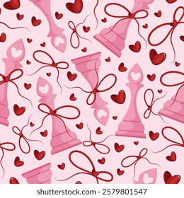 valentines day seamless pattern with chess pieces namely pink elephant with red bow and red hearts on a pink background, for patterns, textile or packaging