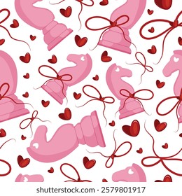 valentines day seamless pattern with chess pieces namely pink horse with red bow and red hearts, for patterns, textile or packaging