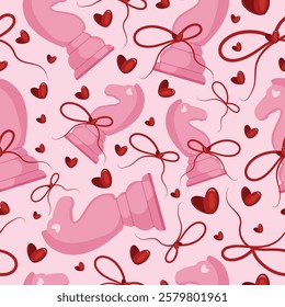 valentines day seamless pattern with chess pieces namely pink horse with red bow and red hearts on a pink background, for patterns, textile or packaging