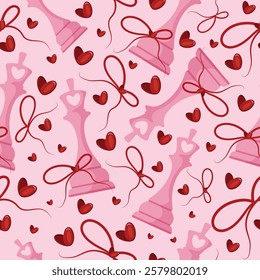 valentines day seamless pattern with chess pieces namely pink king with red bow and red hearts on a pink background, for patterns, textile or packaging