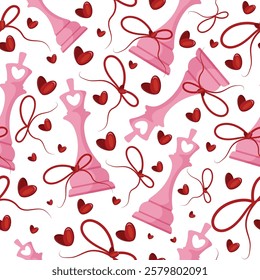 valentines day seamless pattern with chess pieces namely pink king with red bow and red hearts, for patterns, textile or packaging