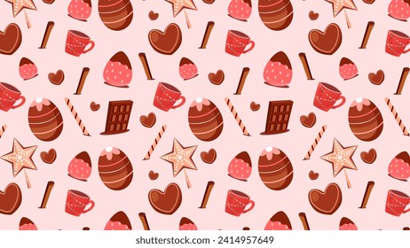 Valentine's Day Seamless Pattern with Chocolates, Candies, Coffee, Cinnamon and Strawberries. Vector Illustration.