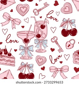 Valentine's Day seamless pattern with cocktail glasses, cherry, cake, bows, key, heart-shaped lock, envelope and hearts. Romantic background holiday designs.