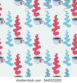 Valentine's day seamless pattern with coffee cup and hearts. Beautiful greeting card with valentines day seamless pattern. Red heart valentine love logo vector. Holiday background.Vector illustration