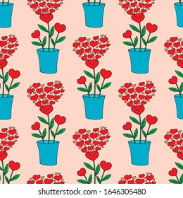 Valentine's day seamless pattern with coffee cup and hearts. Beautiful greeting card with valentines day seamless pattern. Red heart valentine love logo vector. Holiday background.Vector illustration