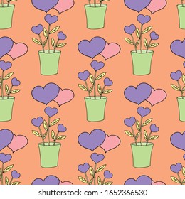 Valentine's day seamless pattern with coffee cup and hearts. Beautiful greeting card with valentines day seamless pattern. Red heart valentine love logo vector. Holiday background.Vector illustration