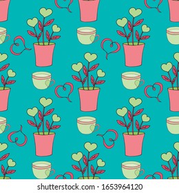 Valentine's day seamless pattern with coffee cup and hearts. Beautiful greeting card with valentines day seamless pattern. Red heart valentine love logo vector. Holiday background.Vector illustration