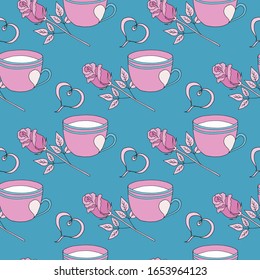 Valentine's day seamless pattern with coffee cup and hearts. Beautiful greeting card with valentines day seamless pattern. Red heart valentine love logo vector. Holiday background.Vector illustration