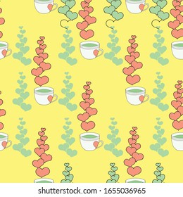 El día de San Valentín es un patrón sin fisuras con taza de café y corazones. Hermosa tarjeta de felicitación con San Valentín sin problemas. Vector del logo de amor de San Valentín del corazón rojo. Fondo de vacaciones.Ilustración vectorial
