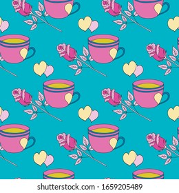Valentine's day seamless pattern with coffee cup and hearts. Beautiful greeting card with valentines day seamless pattern. Red heart valentine love logo vector. Holiday background.Vector illustration