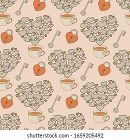 Valentine's day seamless pattern with coffee cup and hearts. Beautiful greeting card with valentines day seamless pattern. Red heart valentine love logo vector. Holiday background.Vector illustration