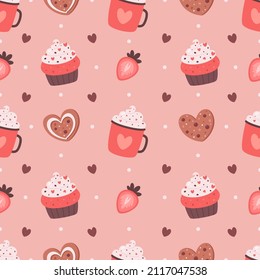 Valentines day seamless pattern. Coffee with cookies and cupcakes. Romantic, love, Valentines Day sweets. Hand drawn vector illustration