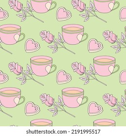 Valentines day seamless pattern with coffee cup and hearts. Beautiful greeting card with valentines day seamless pattern. Red heart valentine love logo vector. Holiday background.Vector illustration