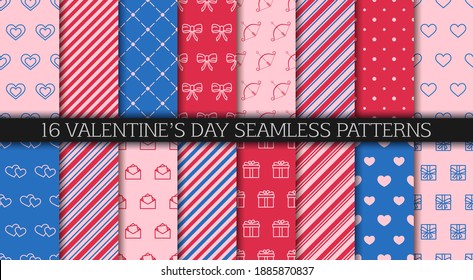 Valentine's day seamless pattern collection. Set of patterns with hearts, envelopes, gift boxes, polka dot and abstract ornament. Festive wrapping paper. Wrapping paper design templates.