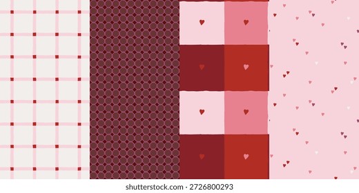 Coleção de padrões sem emenda do dia dos namorados com corações desenhados à mão, cheques de gingham e texturas geométricas em vermelho e rosa