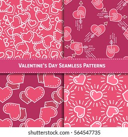 Valentine's day seamless pattern collection with line hearts for holiday background, gift wrapping, digital scrapbooking, greeting card. Minimal outline heart texture. Modern stroke vector art