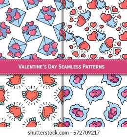 Valentine's day seamless pattern collection with line hearts for holiday background, gift wrapping, digital scrapbooking, greeting card. Minimal outline heart texture. Modern stroke vector art