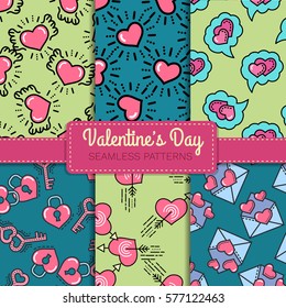 Valentine's day seamless pattern collection with line hearts for holiday background, gift wrapping, digital scrapbooking, greeting card. Minimal outline heart texture. Modern stroke vector art