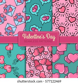 Valentine's day seamless pattern collection with line hearts for holiday background, gift wrapping, digital scrapbooking, greeting card. Minimal outline heart texture. Modern stroke vector art