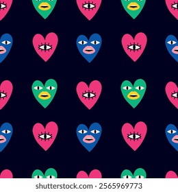 Valentine's day seamless pattern. Colored hearts with eyes and lips on a black background. Modern vector illustration for holiday design