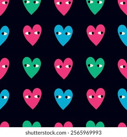 Valentine's day seamless pattern. Colored hearts with eyes on a black background. Modern vector illustration for your design