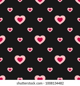 Valentines day seamless pattern with colorful hearts. Abstract geometric texture in red, pink and black colors. Love romantic theme. Festive lovely background. Repeat design for decor, textile, covers