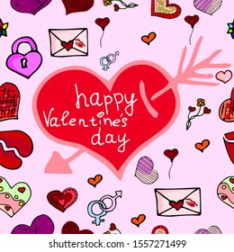 Valentine's day seamless pattern. Colorful elements with a congratulation. Textures for clothes, wrapping paper, souvenirs and invitations.