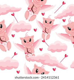 Valentine's Day seamless pattern consisting of a pink piggy in the image of cupid with pink wings, pink bangs and a bow with arrows and pink clouds, vector