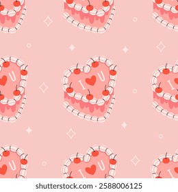 Valentines Day seamless pattern with coquette cake in heart shape. Print for wallpaper, wrapping paper, textile, banners. Vector illustration in flat style