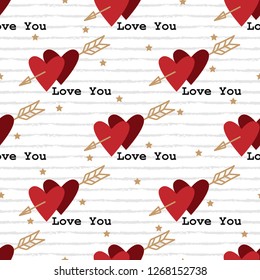 Valentine's day seamless pattern of couple of hearts with arrow and Love You text on white color background with tiny stars. Design for love concept. Vector illustration.