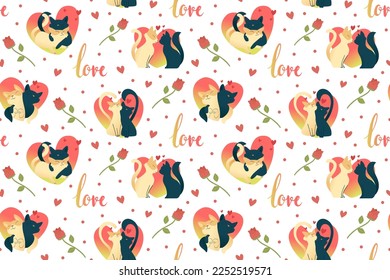 Valentines day seamless pattern with couple of cats in love, hearts, roses. Romantic background on white. Greeting card design, wrapping paper, print, postcard