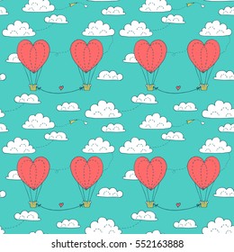 Valentines day seamless pattern with couple flying in the sky heart shaped balloons. Vector hand drawn illustration in minimalistic style, made with ink outlines