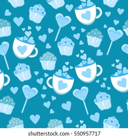 valentine's day seamless pattern of a cup with hearts and dessert