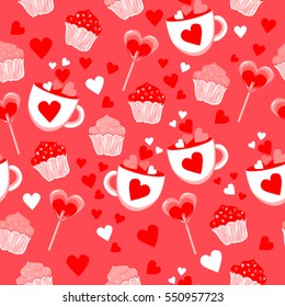 valentine's day seamless pattern of a cup with dessert  and red hearts