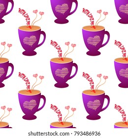 Valentine's day seamless pattern with cup of tea and heart. Vector illustration for holiday design