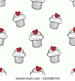 Valentine's Day seamless pattern with cupcakes, sweets and hearts. Romantic background in vintage style. It can be used for packaging, wrapping paper, textile and etc.