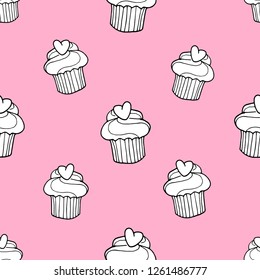 Valentine's Day seamless pattern with cupcakes, sweets and hearts. Romantic background in vintage style. It can be used for packaging, wrapping paper, textile and etc.