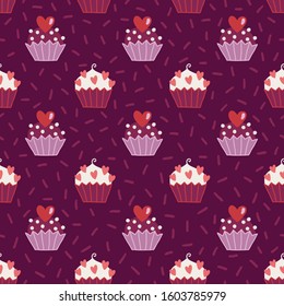 Valentine's Day seamless pattern with cupcakes and hearts. Scandinavian style. Perfect for greeting cards, wallpaper, gift paper, wedding decorations