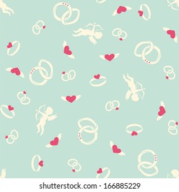 Valentine's day seamless pattern with cupid, rings and hearts. Vector illustration