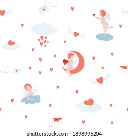 Valentine's Day Seamless pattern. Cupid, hearts, clouds digital paper, cute background