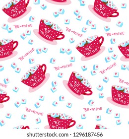 Valentine's day seamless pattern with cups, hearts and mall pieces of sugar. 