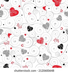 Valentines day seamless pattern with curls, abstract elements and hearts. Vector illustration.