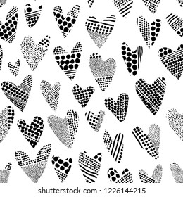 Valentine's Day seamless pattern. Cute black and white print for textiles. Vector illustration.